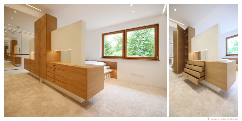 Modernes Schlafzimmer mit maßgefertigten Möbeln aus hellem Holz. Das Bett ist vereint mit einer passenden Schwebe-Kommode und integrierten Schubladen.