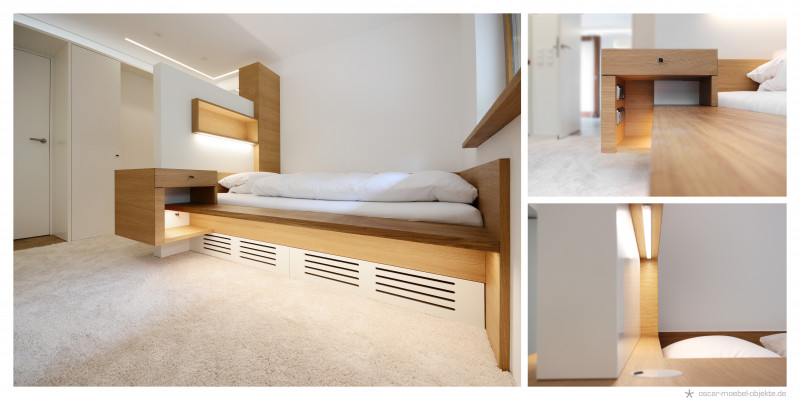Schlafzimmer mit einem maßgefertigten Podestbett aus Holz und warmer indirekter Bleuchtung im Rahmen.