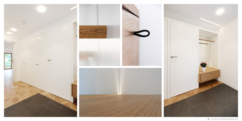 Eleganter Flurbereich mit einem raumhohen Einbauschrank mit integrierter Garderobe und indirekter Beleuchtung.