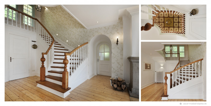 Treppe mit aufwendigen Handläufen in historischer Villa mit Dielenboden.