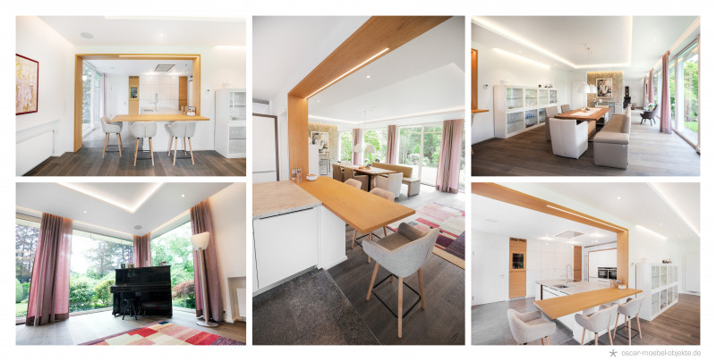 Ein Esszimmer mit großem Holztisch und Küche mit Tresen.